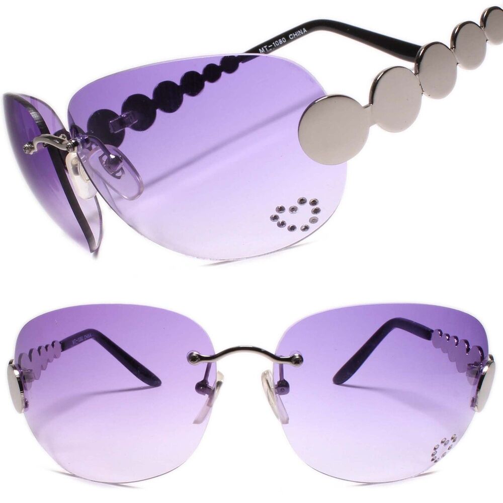 Classic Vintage Retro Style 80s Party Silver & Purple Oval Rimless Sunglasses